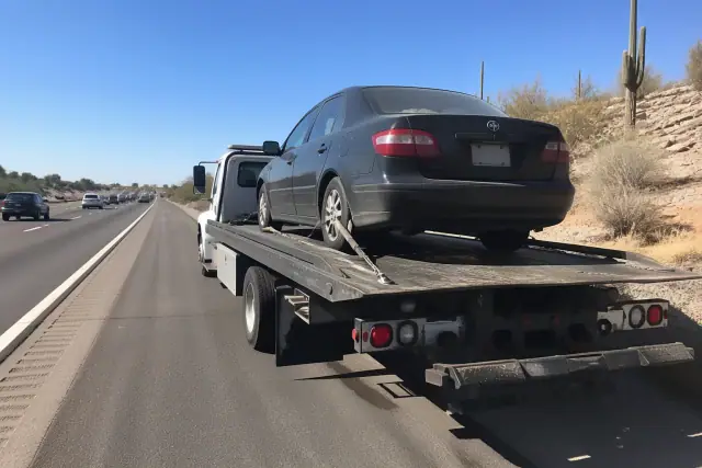 Flatbed truck carrying a disabled sedan on the side of a busy road in Catalina Foothills, AZ with desert landscape.