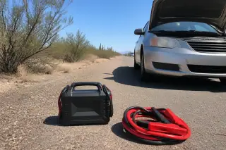 Booster cables and jump-start pack on asphalt next to a disabled sedan on a highway shoulder in Tucson, AZ.