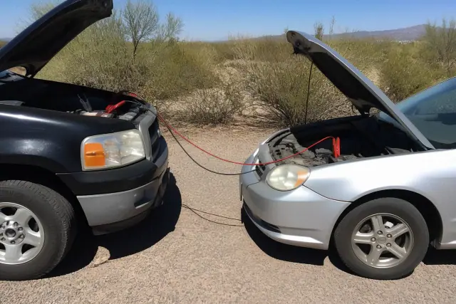 Service vehicle jump-starting a sedan on a gravel lot in Tucson, AZ.