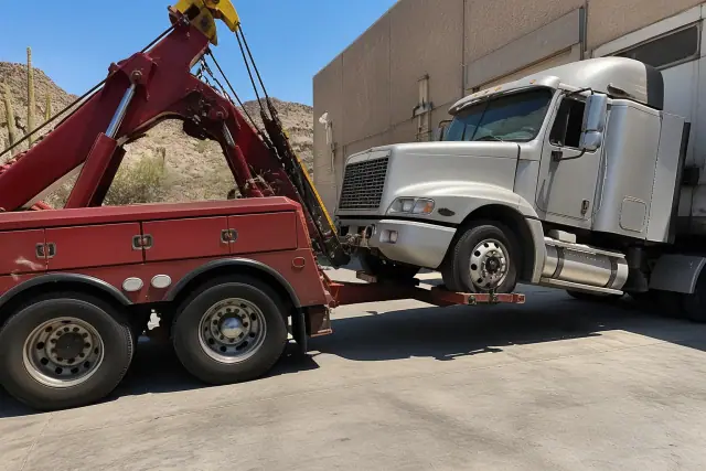 Heavy-duty wrecker truck lifting a semi-truck at an industrial loading dock in Tucson, AZ.