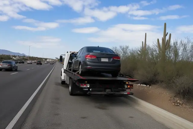 Flatbed tow truck with a disabled sedan on the highway shoulder in Tucson, AZ with desert plants in the background.