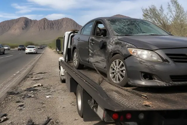 Damaged sedan secured on a flatbed tow truck after an accident on a roadside in Tucson, AZ.