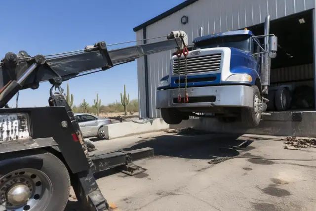 Heavy-duty wrecker truck lifting a commercial semi-truck at an industrial loading bay in Tucson, AZ.