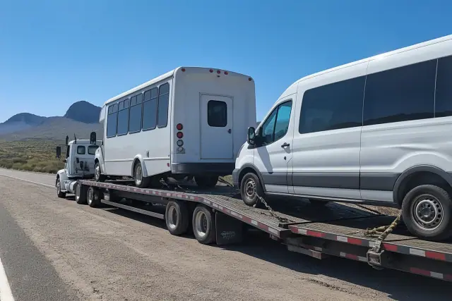 Medium-duty towing of a shuttle bus and passenger van in Tucson, AZ with safety chains and straps visible.