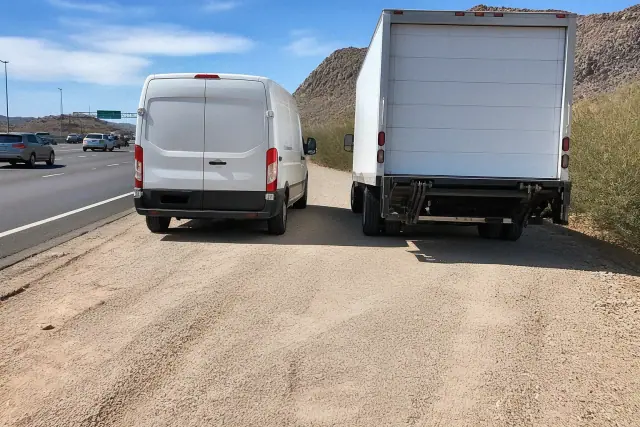 Single-rear-wheel van and dual-rear-wheel box truck parked on a highway shoulder in Tucson, AZ.