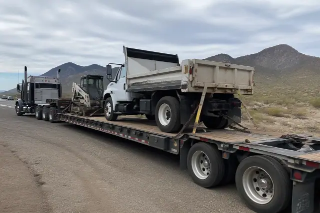 Small dump truck being secured with chains and straps on a desert roadside in Tucson, AZ.