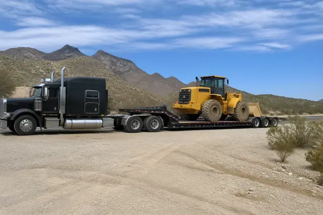 Heavy-duty truck towing a long-distance transport trailer on the side of a road in Tucson, AZ with desert mountain views.