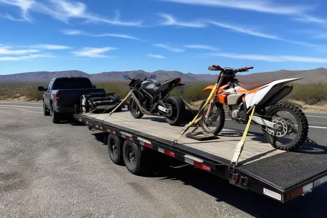 A sport bike and dirt bike secured on a flatbed transport trailer at a desert roadside in Tucson, AZ.