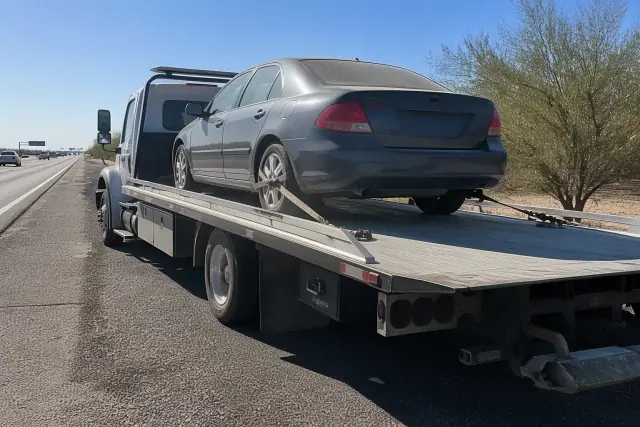 A flatbed tow truck with a disabled sedan on the side of a sunny highway in Tucson, AZ, surrounded by desert scrub.