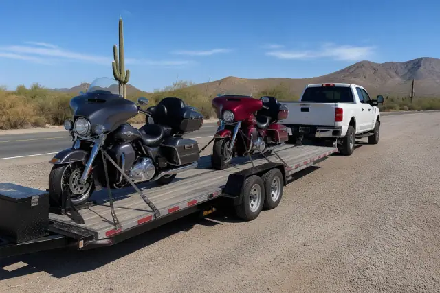 Motorcycle transport trailer and truck parked in a desert landscape in Tucson, AZ.