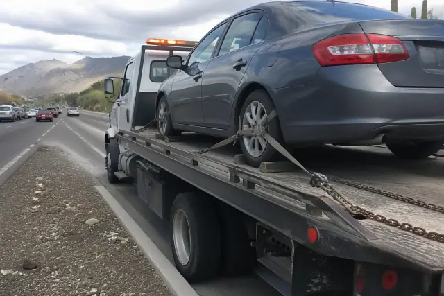 A flatbed tow truck with a secured sedan on a busy road in Tucson, AZ, near Sonoran desert scrub and the Catalina foothills.