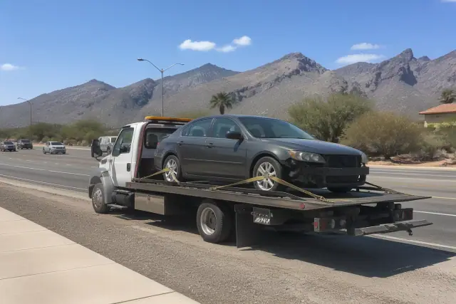 A flatbed tow truck carrying a disabled sedan on a busy road with desert mountains in the background in Tucson, AZ.