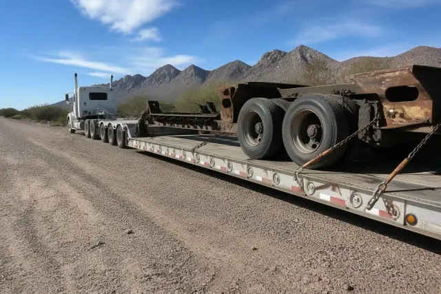 Heavy-duty truck towing a large transport trailer on a highway pull-off in Tucson, AZ, with desert mountains in the back.