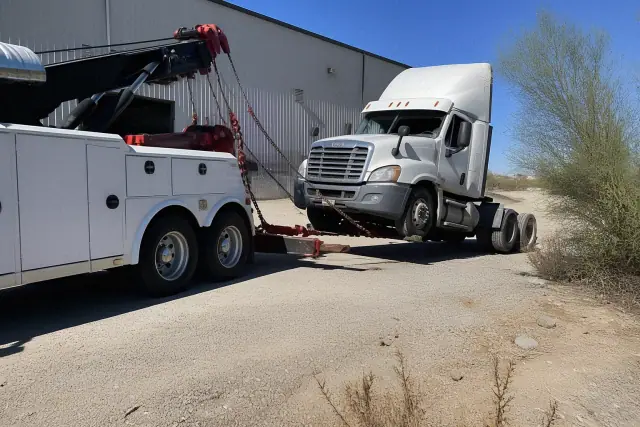 Heavy-duty wrecker towing a semi-truck with chains and hydraulic booms at an industrial site in Tucson, AZ.