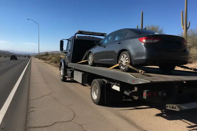Unmarked flatbed tow truck with a disabled sedan on the highway shoulder in Tucson, AZ.