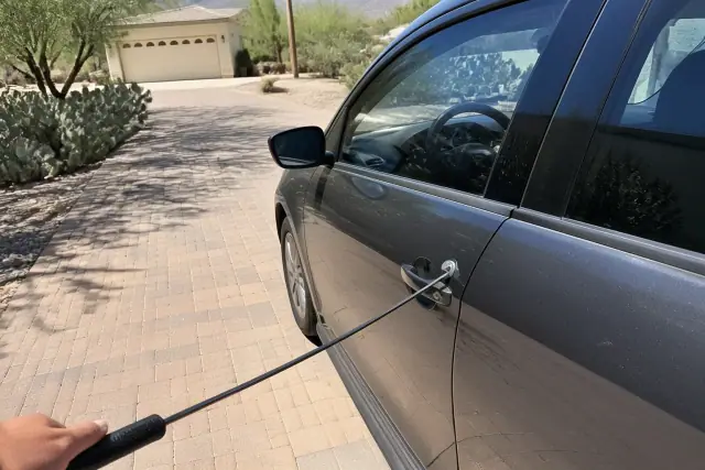 Technician using a lockout tool to open a compact car door in a residential driveway in Tucson, AZ.