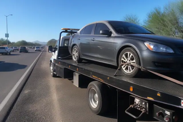 A flatbed tow truck carrying a disabled sedan on a busy road in Tucson, AZ.