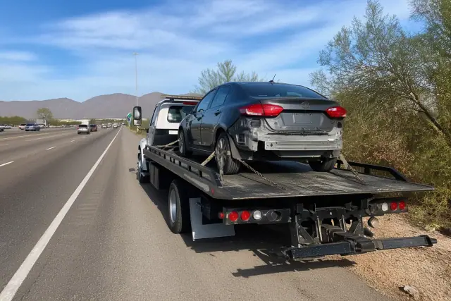 A disabled sedan secured on a flatbed truck on a highway shoulder in Tucson, AZ, with desert mountains in the background.