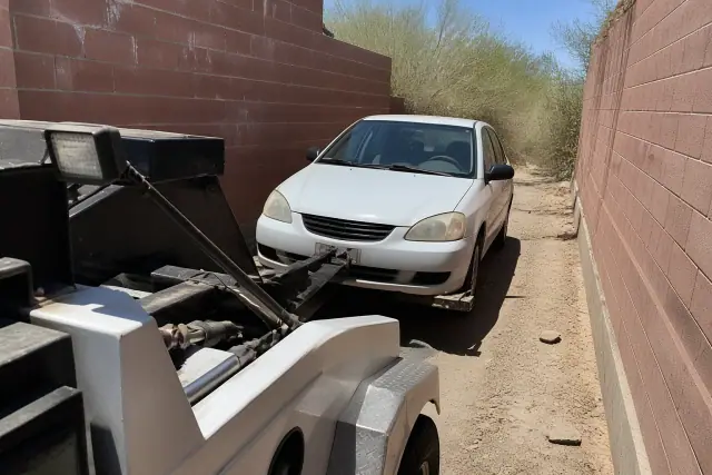Light-duty tow truck using a wheel-lift to retrieve a compact car from a narrow alleyway in Tucson, AZ.