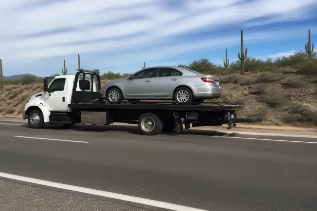 A flatbed truck carrying a disabled sedan on a roadside in Tucson, AZ, surrounded by desert scrub and saguaro cacti.