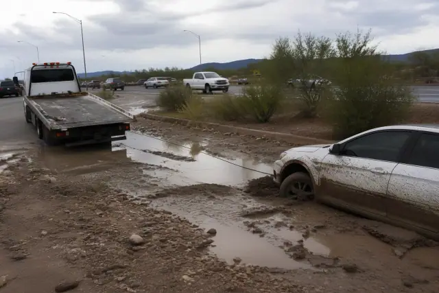 A flatbed truck using a winch to recover a sedan from mud and standing water after monsoon flooding in Tucson, AZ.
