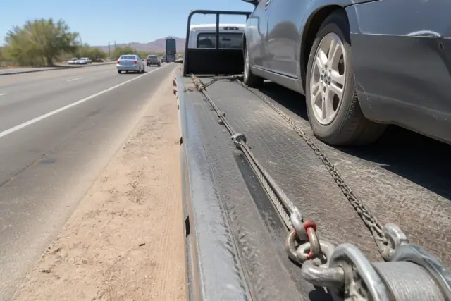 Heavy-duty tow truck using winching cables and rigging to secure a disabled sedan on a road in Tucson, AZ.