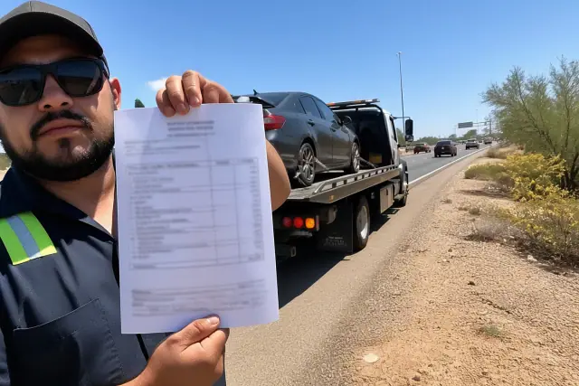 Technician holding an itemized towing invoice in front of a flatbed truck on a busy road in Tucson, AZ.