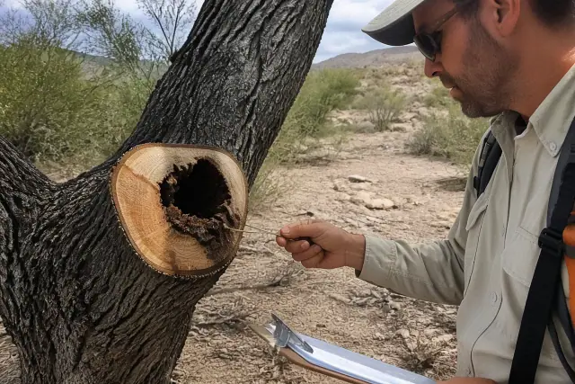 Arborist inspecting tree trunk decay and fungal growth in the desert soil of Tucson, AZ.