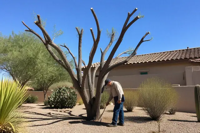 A specialist examines an over-pruned tree with a thin, unbalanced crown in a Tucson, AZ desert landscape.