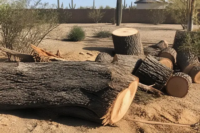 A large tree trunk cut into logs at a jobsite with saguaros in the background in Tucson, AZ.