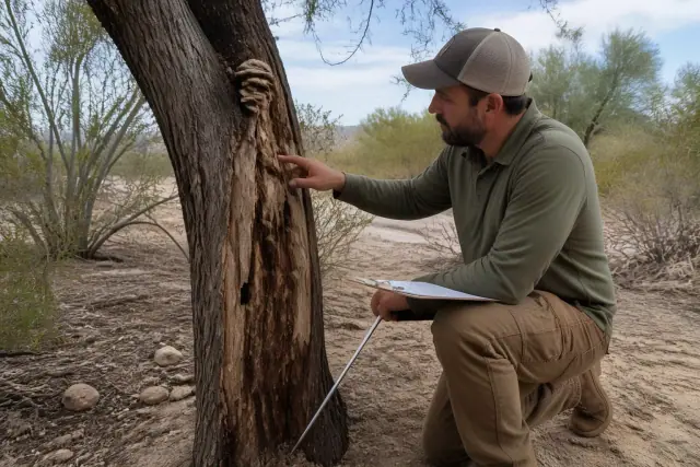 An arborist inspecting a mature mesquite tree for decay in Tucson, AZ, surrounded by creosote bushes and desert soil.