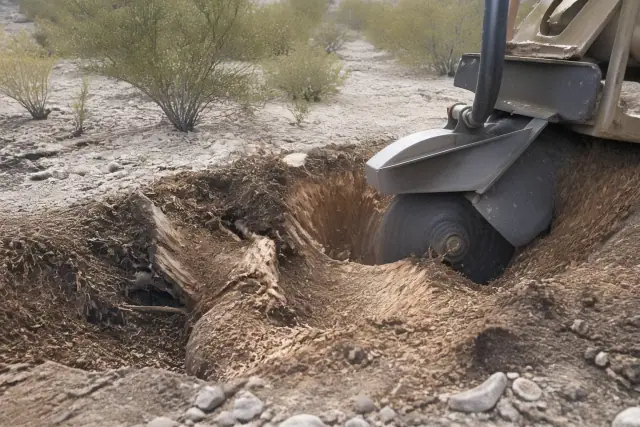 A grinder head pulverizing a large tree stump into mulch in the arid, rocky soil of Tucson, AZ.