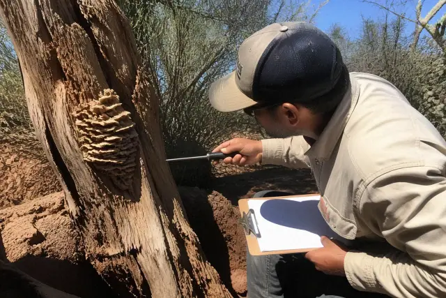 Arborist inspecting a tree with fungal growth and a soil probe in a Tucson, AZ desert landscape.