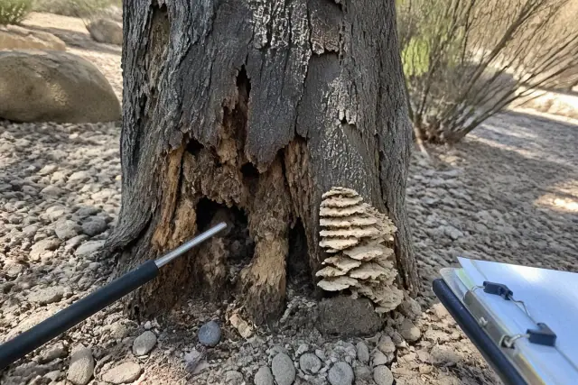 Close-up of tree trunk decay and fungal growth in a rocky, xeriscaped landscape in Tucson, AZ.