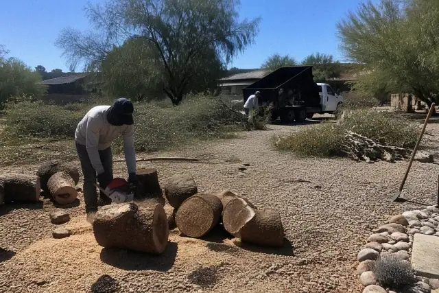 Workers removing brush and debris from a downed tree in a Tucson, AZ desert yard.