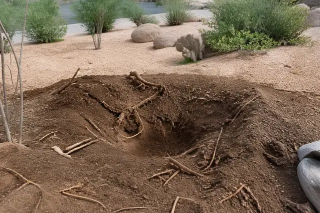 A site in Oro Valley, AZ after cactus removal showing exposed roots and disturbed soil in a desert landscape.