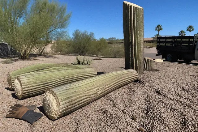 A worker removing a large saguaro cactus in a Flowing Wells, AZ residential yard with desert landscaping.
