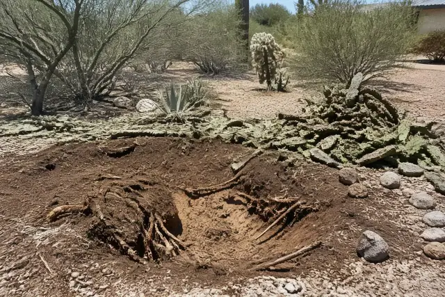 Cactus removal site with excavated roots and debris on crushed granite landscaping in Tanque Verde, AZ.