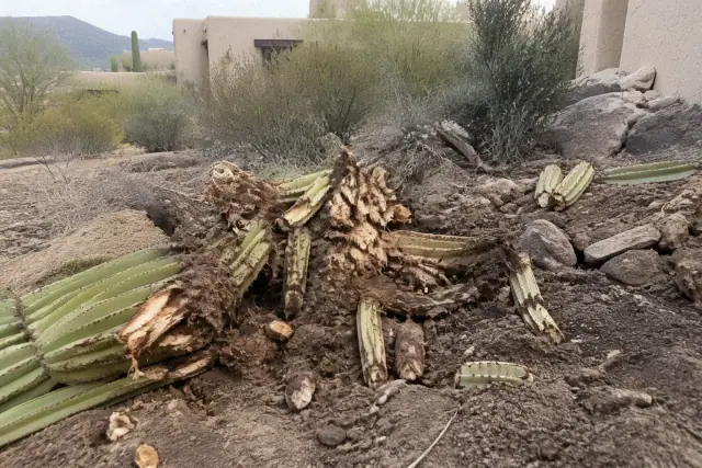 Cactus removal in progress with soil disturbance and desert terrain in Catalina Foothills, AZ.