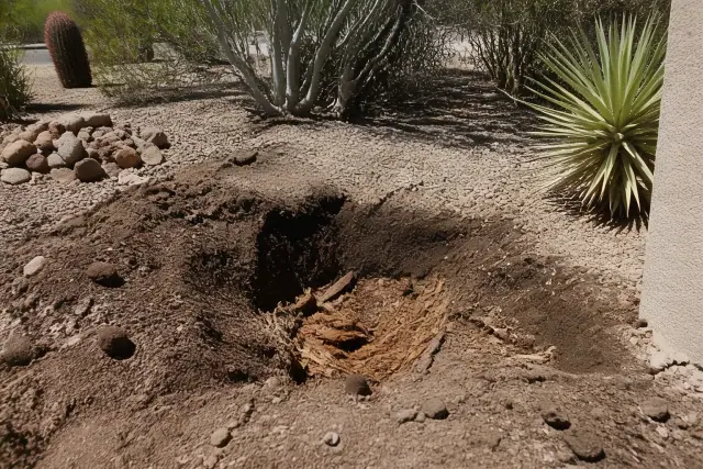 A hole in the gravel ground with soil disturbance from a cactus removal project in a Tucson, AZ residential yard.