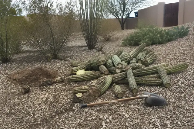 Severed cactus remnants and gardening tools on gravel ground in Green Valley, AZ.