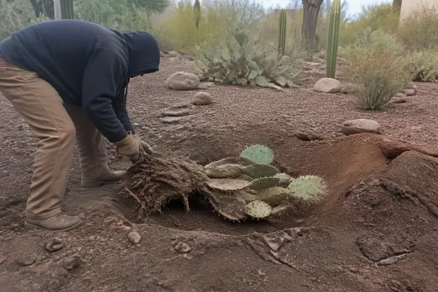 Cactus root ball being removed from the soil in a Casas Adobes, AZ landscape with native desert plants.