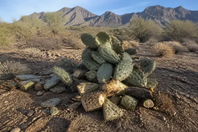 Uprooted prickly pear cactus sections waiting for transport on rocky desert soil in Marana, AZ.