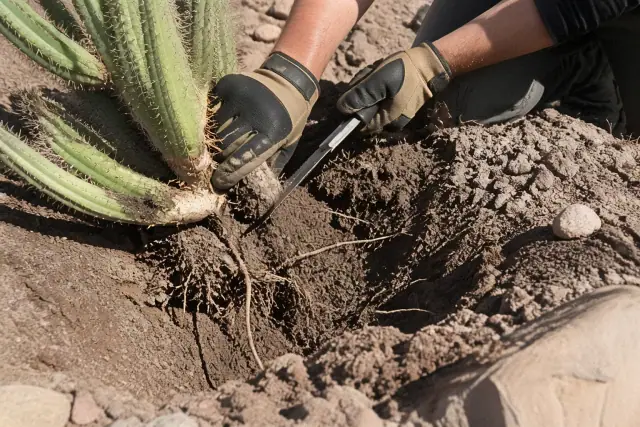 Worker using a saw and gloves to remove a large cactus from rocky soil in Sahuarita, AZ.