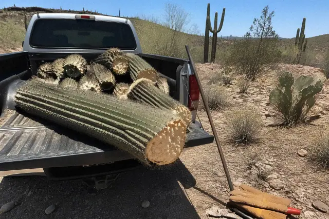 Worker loading a sectioned cactus into a truck bed during a cactus removal job in Tucson, AZ.