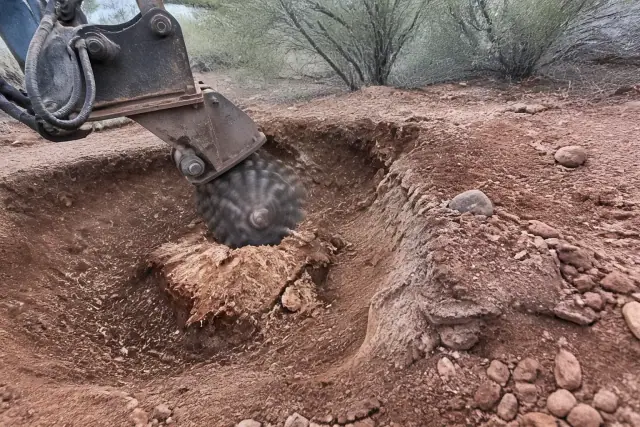 Stump grinder pulverizing wood in hard-packed caliche soil in a tight workspace in Tucson, AZ.