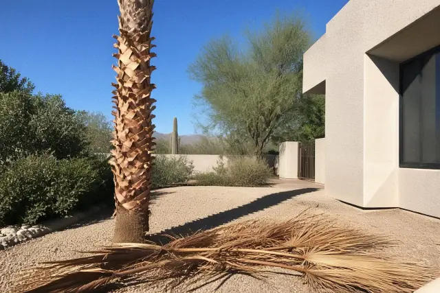 Freshly trimmed palm tree with a pile of brown fronds on the ground at a property in Tucson, AZ.