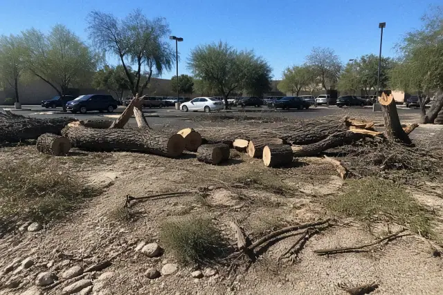 Contractors cleaning up fallen tree debris and storm damage in a commercial parking lot in Tucson, AZ.