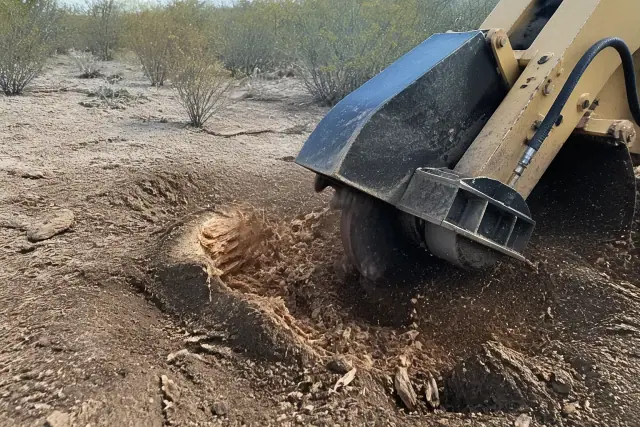 Machinery grinding a tree stump into mulch at a lot clearing site in Tucson, AZ.