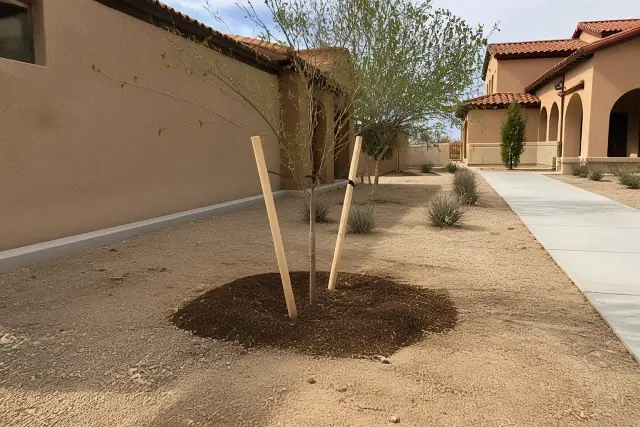 Newly planted sapling with fresh mulch in a Tucson, AZ landscape with stucco buildings and dry desert soil.